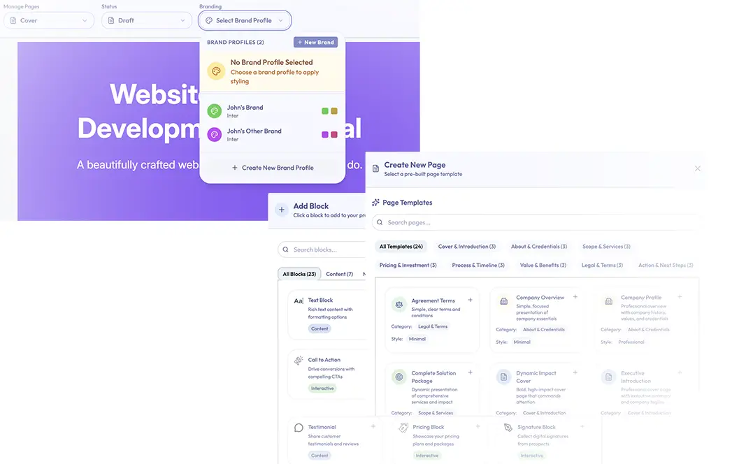 Screenshot of the Hello Proposals visual builder interface